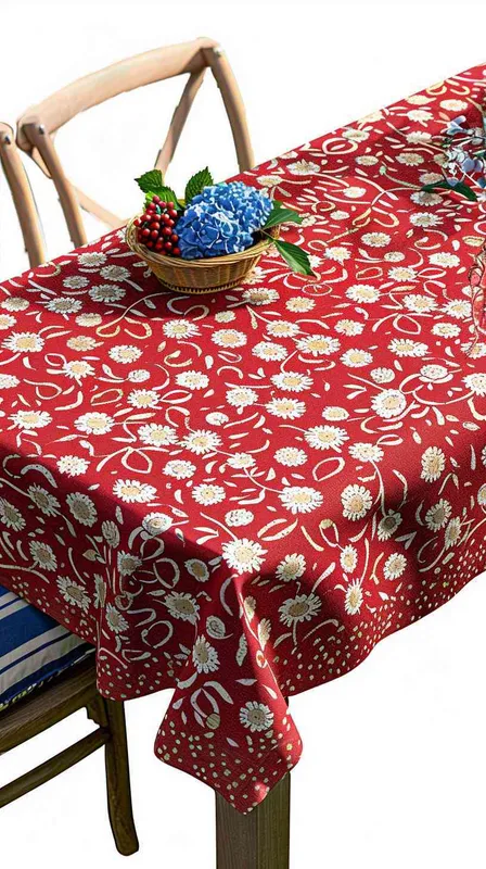 --v 6.0 Emphasize the intricate pattern of the existing tablecloth, a vivid red with a crisp white floral design, as it lays on an outdoor wooden dining table. Surrounded by the natural beauty of a lush garden with green foliage and hydrangea accents, the scene is adorned with a basket of berries and fresh flowers, under the soft ambient light of a perfect afternoon. Wooden chairs with cushions that echo the tablecloth's pattern complete the charming garden tableau --style raw - style4部分
