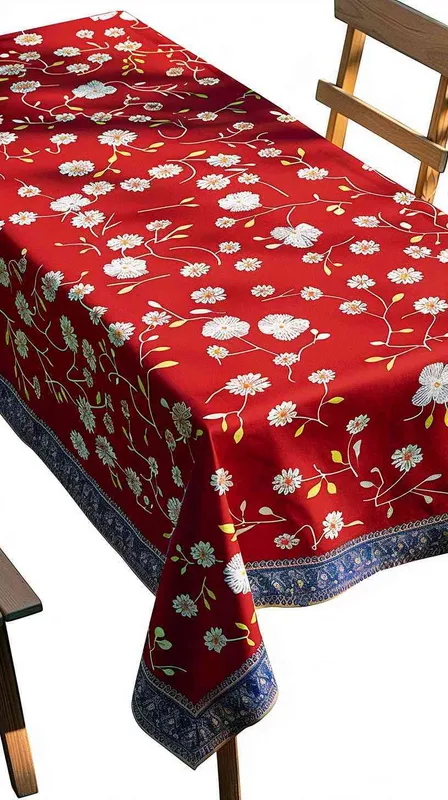 –v 6.0 Ensure the original tablecloth pattern with a red background and distinct white floral design remains unaltered, showcased on a classic wooden dining table in a simple backyard garden setting. Minimal additional details to maintain focus on the tablecloth’s intricate pattern, soft natural daylight to enhance the vivid colors, surrounded by subtle greenery for a tranquil atmosphere –style raw – AI绘画作品展示 | Midjourney中文版生成