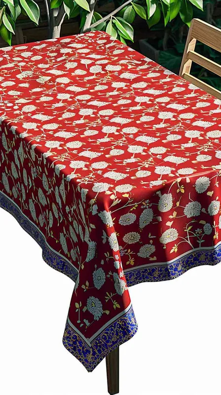 --v 6.0 Ensure the original tablecloth pattern with a red background and distinct white floral design remains unaltered, showcased on a classic wooden dining table in a simple backyard garden setting. Minimal additional details to maintain focus on the tablecloth's intricate pattern, soft natural daylight to enhance the vivid colors, surrounded by subtle greenery for a tranquil atmosphere --style raw - style3部分