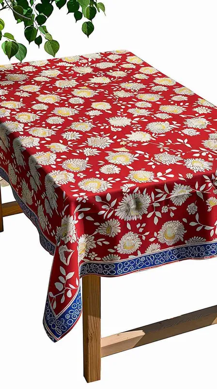 --v 6.0 Ensure the original tablecloth pattern with a red background and distinct white floral design remains unaltered, showcased on a classic wooden dining table in a simple backyard garden setting. Minimal additional details to maintain focus on the tablecloth's intricate pattern, soft natural daylight to enhance the vivid colors, surrounded by subtle greenery for a tranquil atmosphere --style raw - style4部分