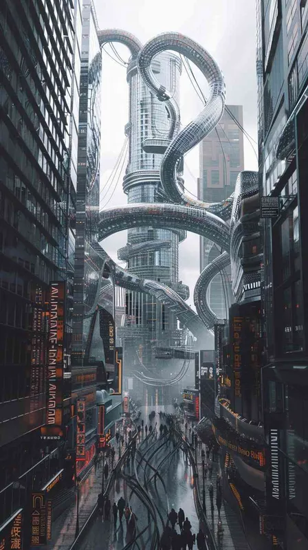 蟠螭纹为设计元素的未来城市街景，赛博朋克，大场景 - style1部分