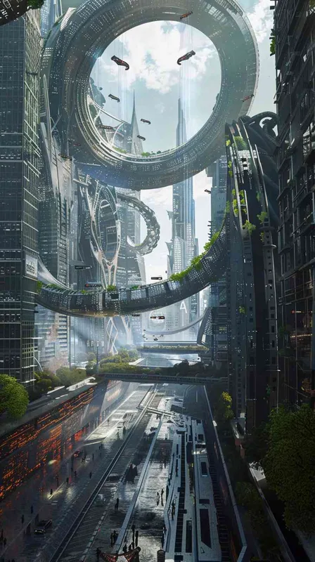 蟠螭纹为设计元素的未来城市街景，赛博朋克，大场景 - style2部分