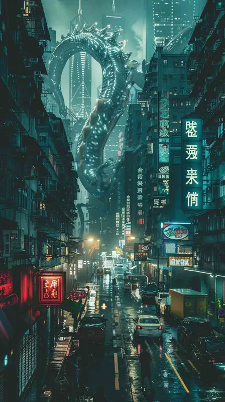 蟠螭纹为设计元素的未来城市街景，赛博朋克，大场景 - style4部分