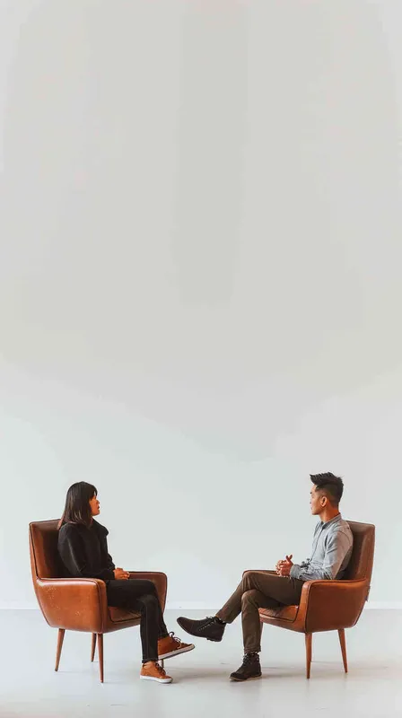 两个人坐在各自独立单人沙发上，面对面聊天。背景要全白色 - style4部分