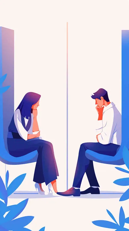生成一张卡通风格图片，两个人坐在各自独立的单人沙发上，面对面心理咨询。背景要全白色。 - style3部分