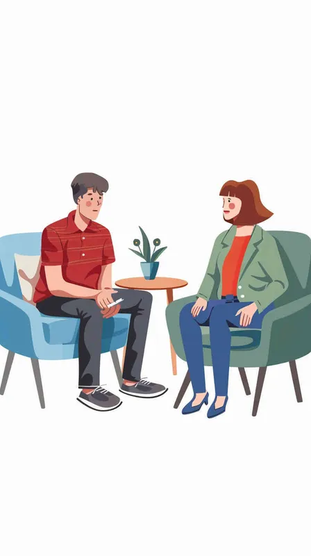Man sitting on blue couch talking to woman in red shirt and black pants holding notebook, green chair with white background, cartoon illustration style, simple design, flat color, vector art, white background, no shadows, no additional text, in the style of professional photography. Illustration of a man sitting on a blue couch talking to a woman in a red shirt and black pants holding a notebook, a female therapist with brown hair wearing a light green shirt sitting at a table next to him in the style of a vector illustration on a white background. Man in red shirt sitting on blue couch talking to woman wearing light grey pants and navy blouse holding notebook, vector flat icon illustration of male person at a therapy session with female mental health professional isolated on white background, no shadow, clear outline, no shadows. Illustration of two people in an interview setting. Sitting alone on the sofa, looking very relaxed. Another woman standing next to him wearing a blue pantsuit with a jacket and red shirt, holding a notebook. Clipart illustration with a white background and no shadows, featuring flat colorful vector design in the 2D style.  - style1部分