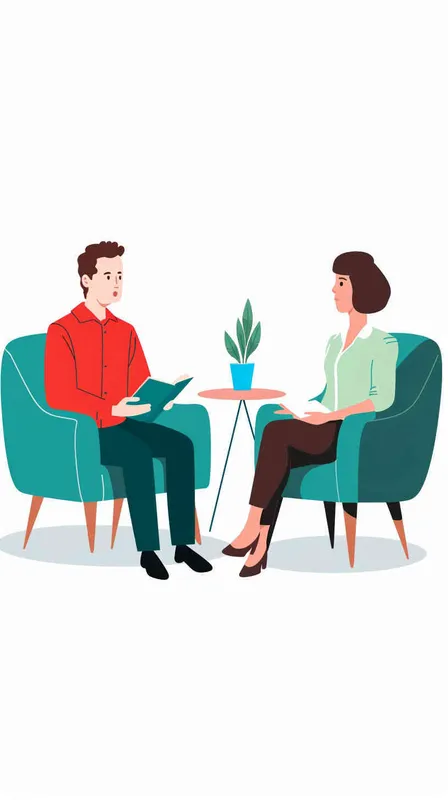 Man sitting on blue couch talking to woman in red shirt and black pants holding notebook, green chair with white background, cartoon illustration style, simple design, flat color, vector art, white background, no shadows, no additional text, in the style of professional photography. Illustration of a man sitting on a blue couch talking to a woman in a red shirt and black pants holding a notebook, a female therapist with brown hair wearing a light green shirt sitting at a table next to him in the style of a vector illustration on a white background. Man in red shirt sitting on blue couch talking to woman wearing light grey pants and navy blouse holding notebook, vector flat icon illustration of male person at a therapy session with female mental health professional isolated on white background, no shadow, clear outline, no shadows. Illustration of two people in an interview setting. Sitting alone on the sofa, looking very relaxed. Another woman standing next to him wearing a blue pantsuit with a jacket and red shirt, holding a notebook. Clipart illustration with a white background and no shadows, featuring flat colorful vector design in the 2D style.  - style2部分