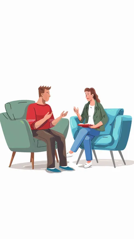 Man sitting on blue couch talking to woman in red shirt and black pants holding notebook, green chair with white background, cartoon illustration style, simple design, flat color, vector art, white background, no shadows, no additional text, in the style of professional photography. Illustration of a man sitting on a blue couch talking to a woman in a red shirt and black pants holding a notebook, a female therapist with brown hair wearing a light green shirt sitting at a table next to him in the style of a vector illustration on a white background. Man in red shirt sitting on blue couch talking to woman wearing light grey pants and navy blouse holding notebook, vector flat icon illustration of male person at a therapy session with female mental health professional isolated on white background, no shadow, clear outline, no shadows. Illustration of two people in an interview setting. Sitting alone on the sofa, looking very relaxed. Another woman standing next to him wearing a blue pantsuit with a jacket and red shirt, holding a notebook. Clipart illustration with a white background and no shadows, featuring flat colorful vector design in the 2D style.  - style3部分