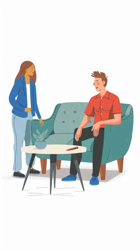 Man sitting on blue couch talking to woman in red shirt and black pants holding notebook, green chair with white background, cartoon illustration style, simple design, flat color, vector art, white background, no shadows, no additional text, in the style of professional photography. Illustration of a man sitting on a blue couch talking to a woman in a red shirt and black pants holding a notebook, a female therapist with brown hair wearing a light green shirt sitting at a table next to him in the style of a vector illustration on a white background. Man in red shirt sitting on blue couch talking to woman wearing light grey pants and navy blouse holding notebook, vector flat icon illustration of male person at a therapy session with female mental health professional isolated on white background, no shadow, clear outline, no shadows. Illustration of two people in an interview setting. Sitting alone on the sofa, looking very relaxed. Another woman standing next to him wearing a blue pantsuit with a jacket and red shirt, holding a notebook. Clipart illustration with a white background and no shadows, featuring flat colorful vector design in the 2D style.  - style4部分