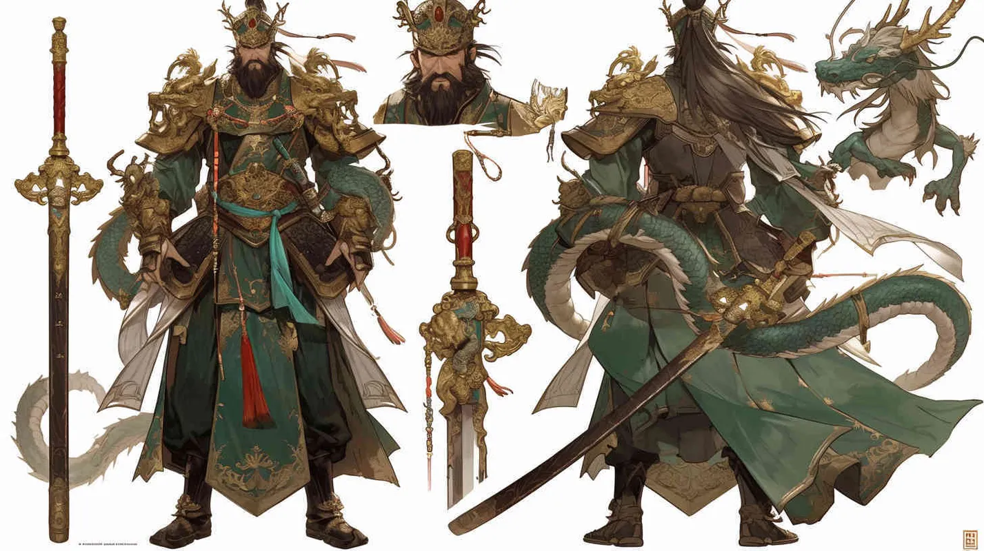 三国人物关羽手持青龙偃月刀，全身，多视图，关羽的正面图，关羽的侧视图，关羽的后视图，关羽得前视图，关羽得45度侧视图 - style3部分