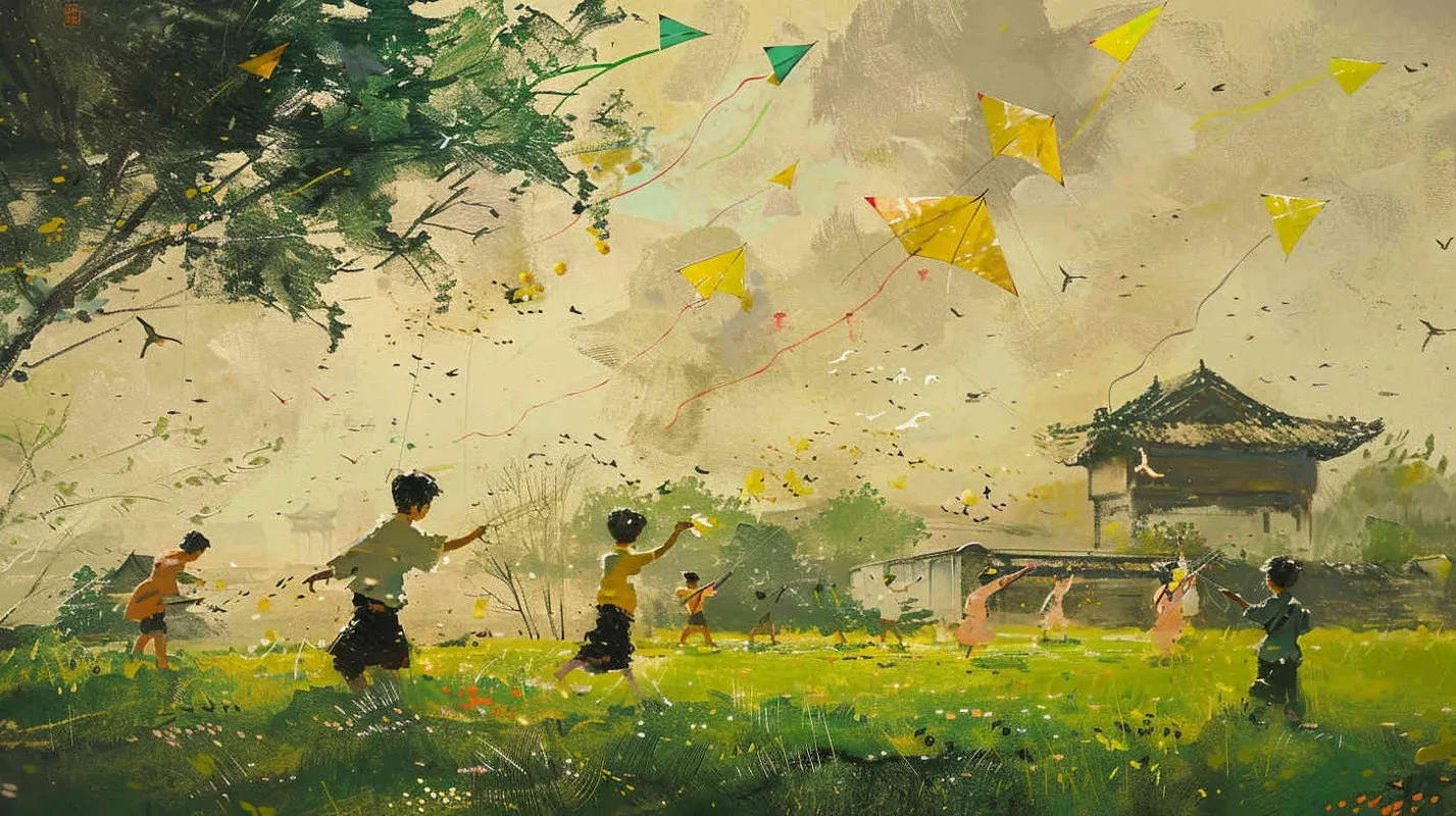 一群小孩放风筝，清明节得田野里，黄绿色调 - style1部分