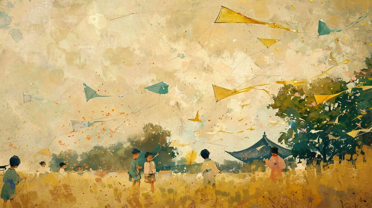 一群小孩放风筝，清明节得田野里，黄绿色调 - style4部分