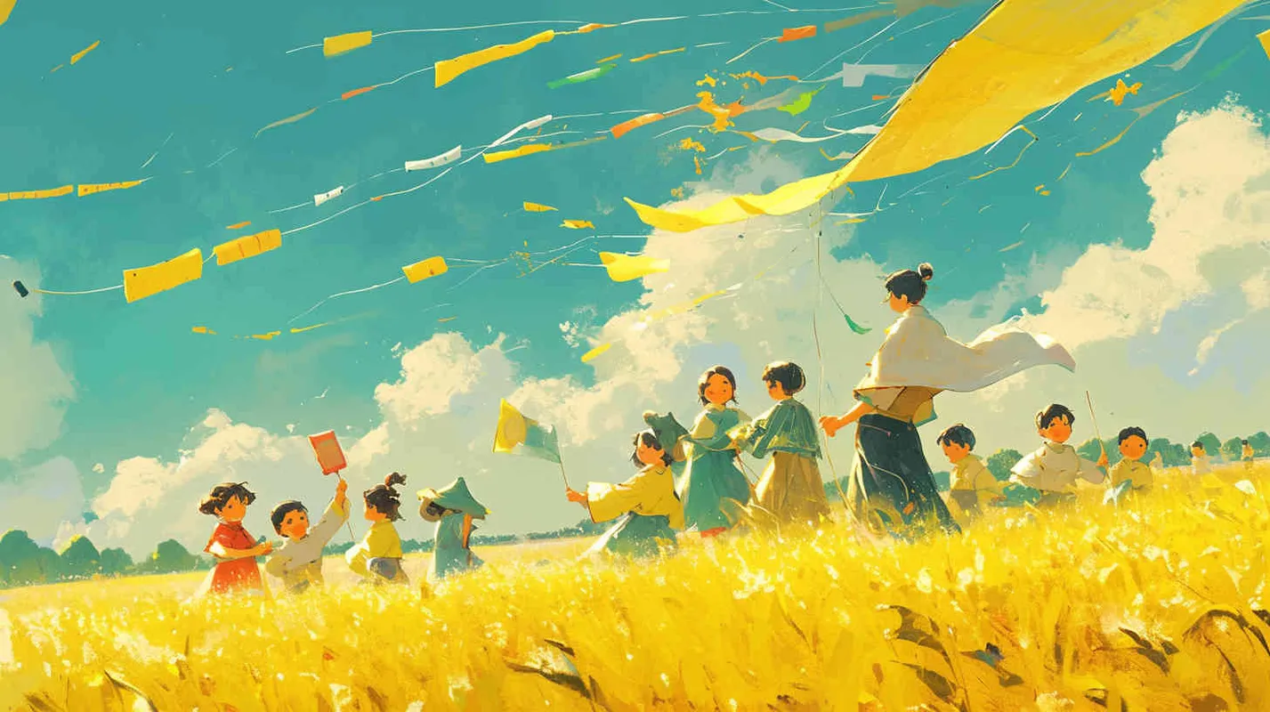一群小孩放风筝，清明节得田野里，黄绿色调 - style2部分