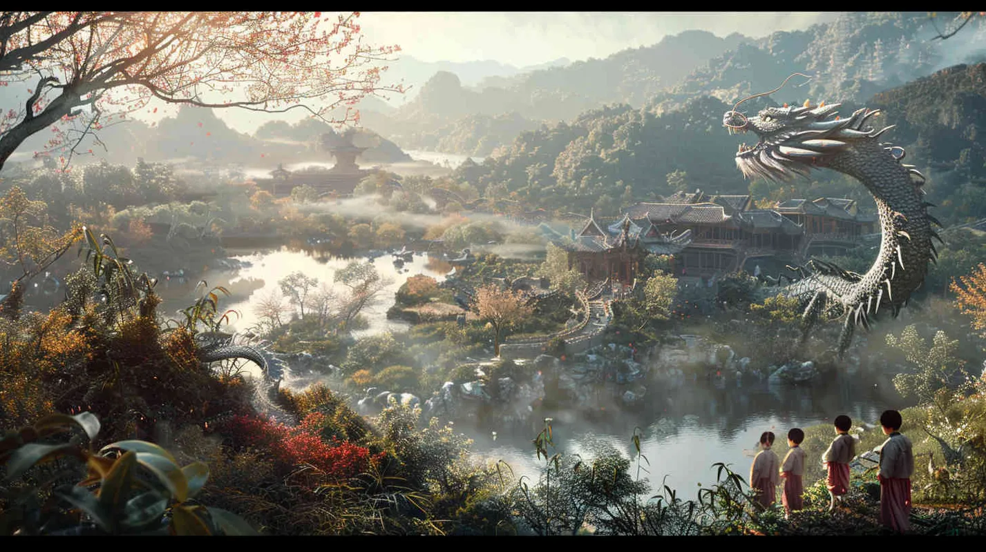 中国传统龙年，清明节，几个小孩踏青，全景镜头，写实摄影  - style1部分
