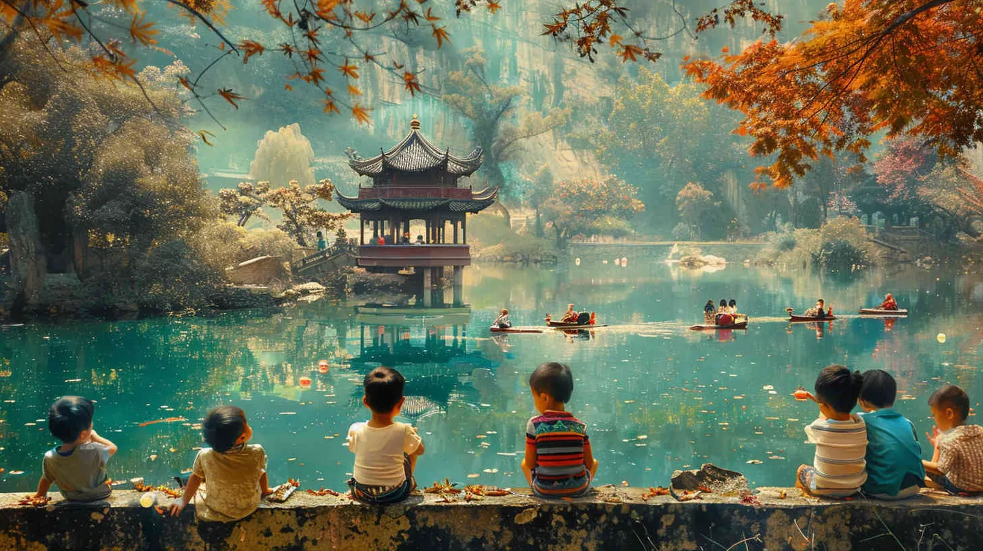中国传统龙年，清明节，几个小孩踏青，全景镜头，写实摄影  - style2部分