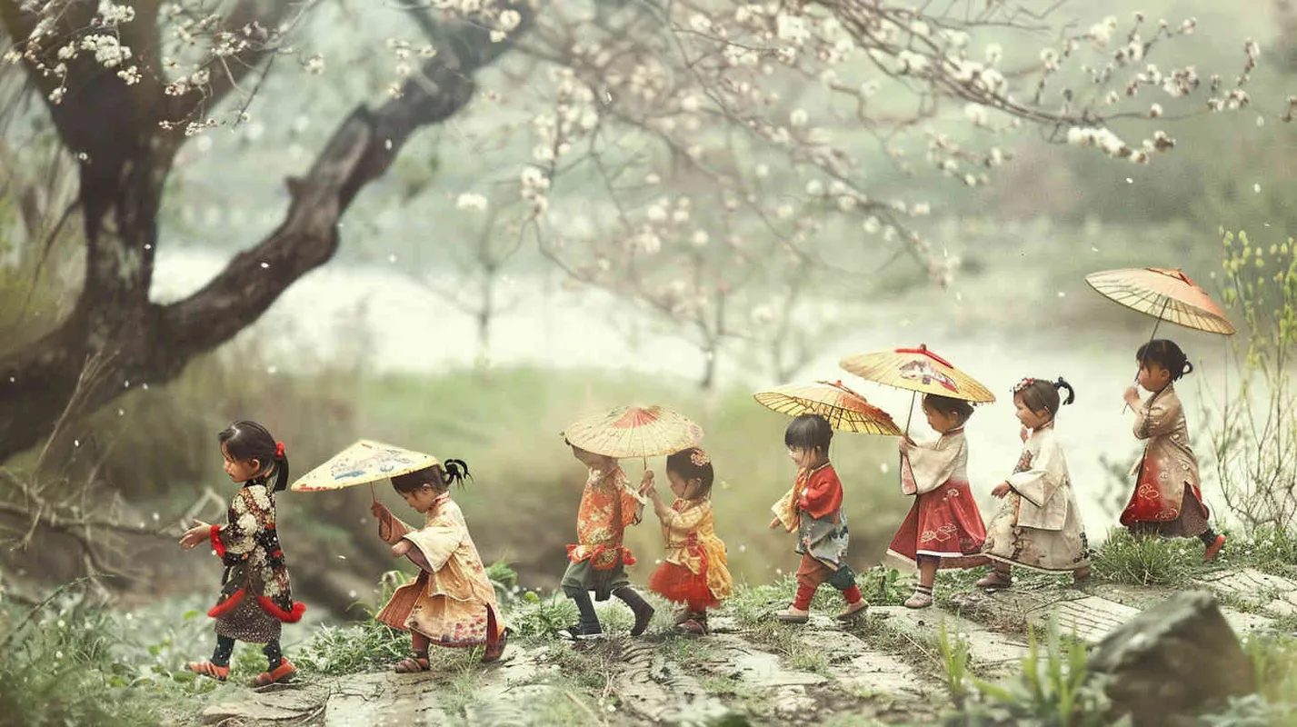中国传统龙年，清明节，几个小孩踏青，全景镜头，写实摄影  - style3部分