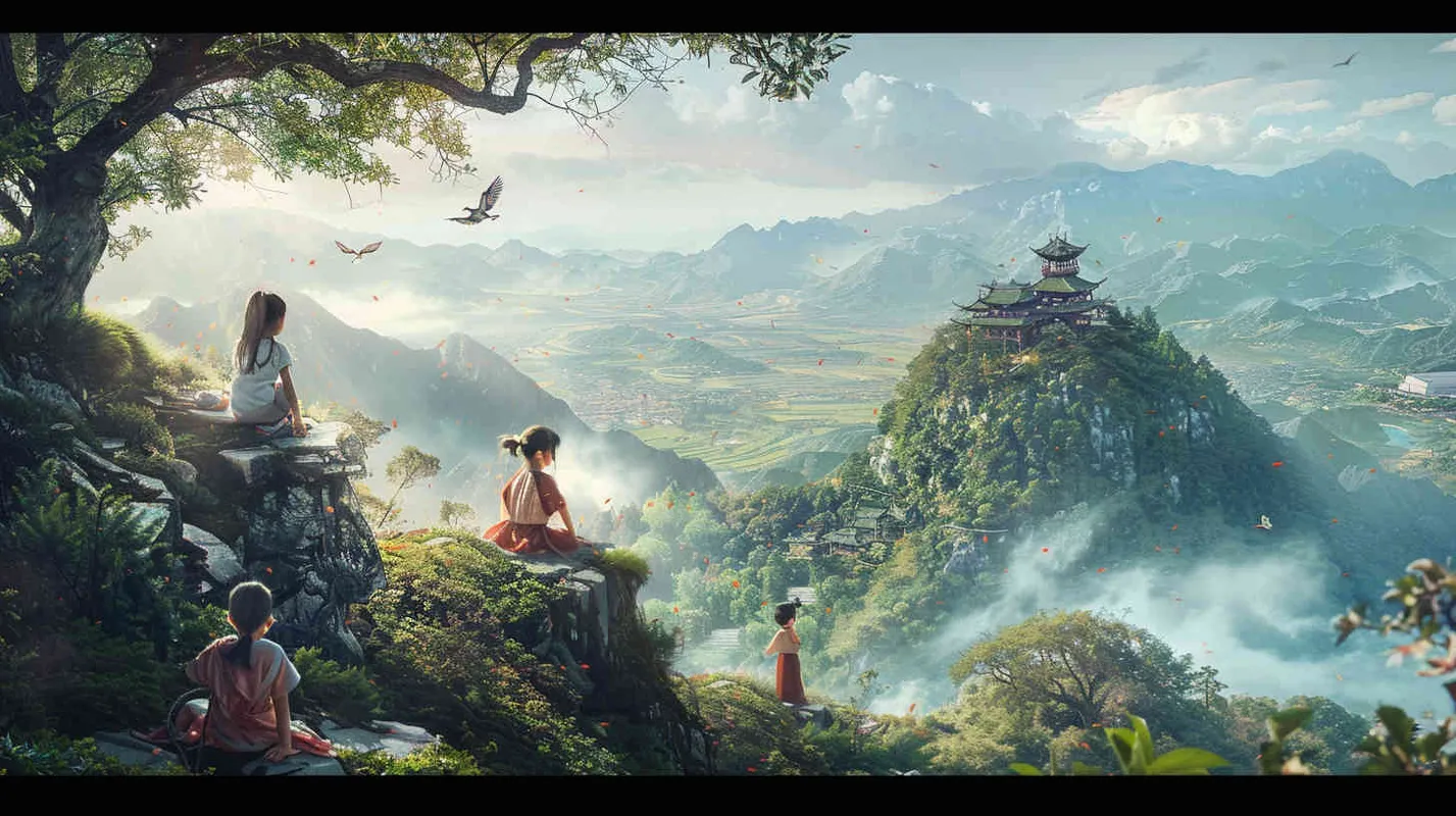 中国传统龙年，清明节，几个小孩踏青，全景镜头，写实摄影  - style4部分