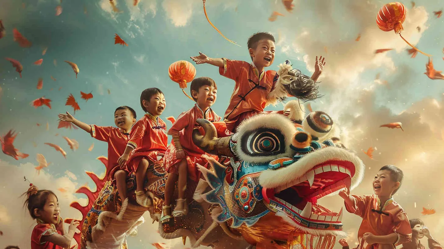 中国传统龙年，几个小孩骑在龙头上，全景镜头，写实摄影 - style1部分