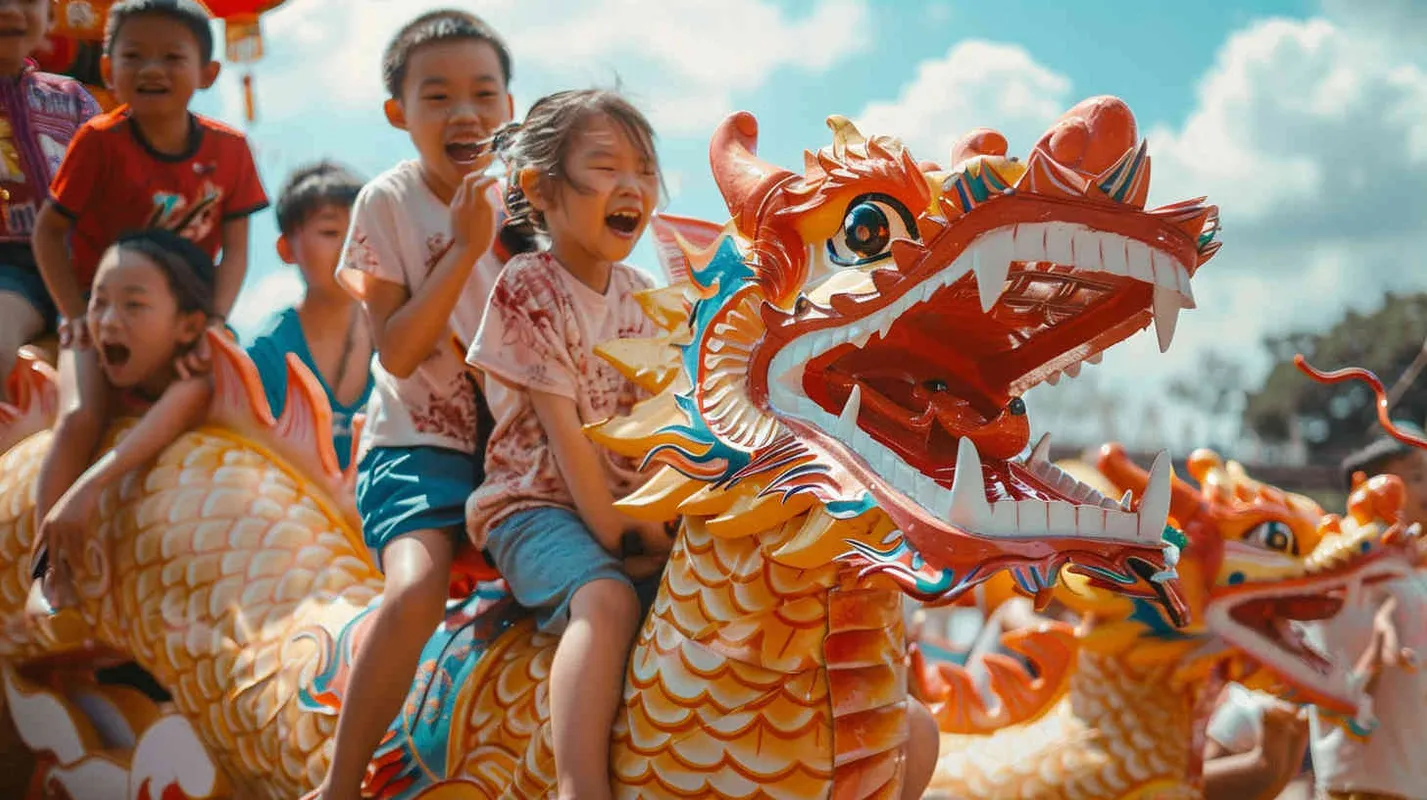 中国传统龙年，几个小孩骑在龙头上，全景镜头，写实摄影 - style2部分