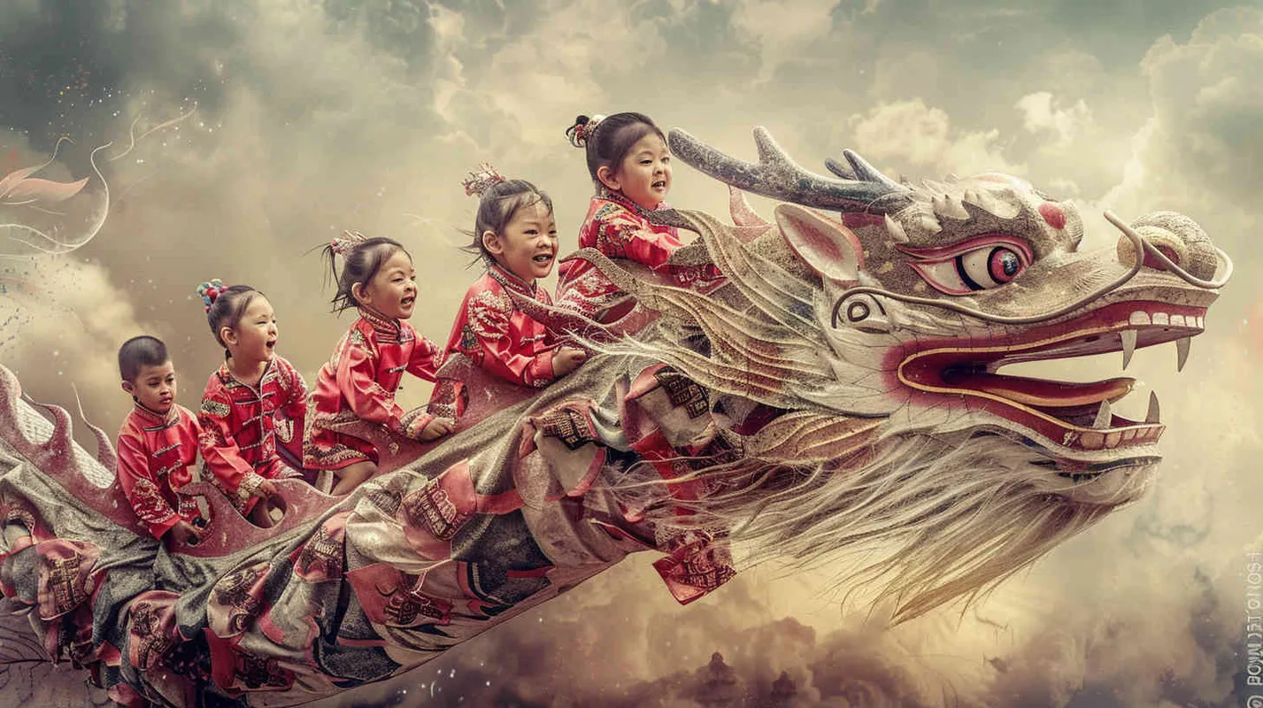 中国传统龙年，几个小孩骑在龙头上，全景镜头，写实摄影 - style3部分