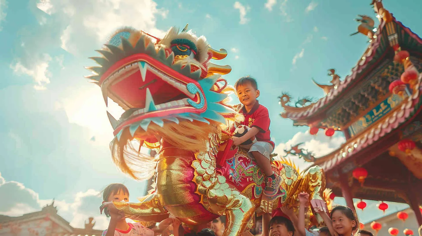 中国传统龙年，几个小孩骑在龙头上，全景镜头，写实摄影 - style4部分