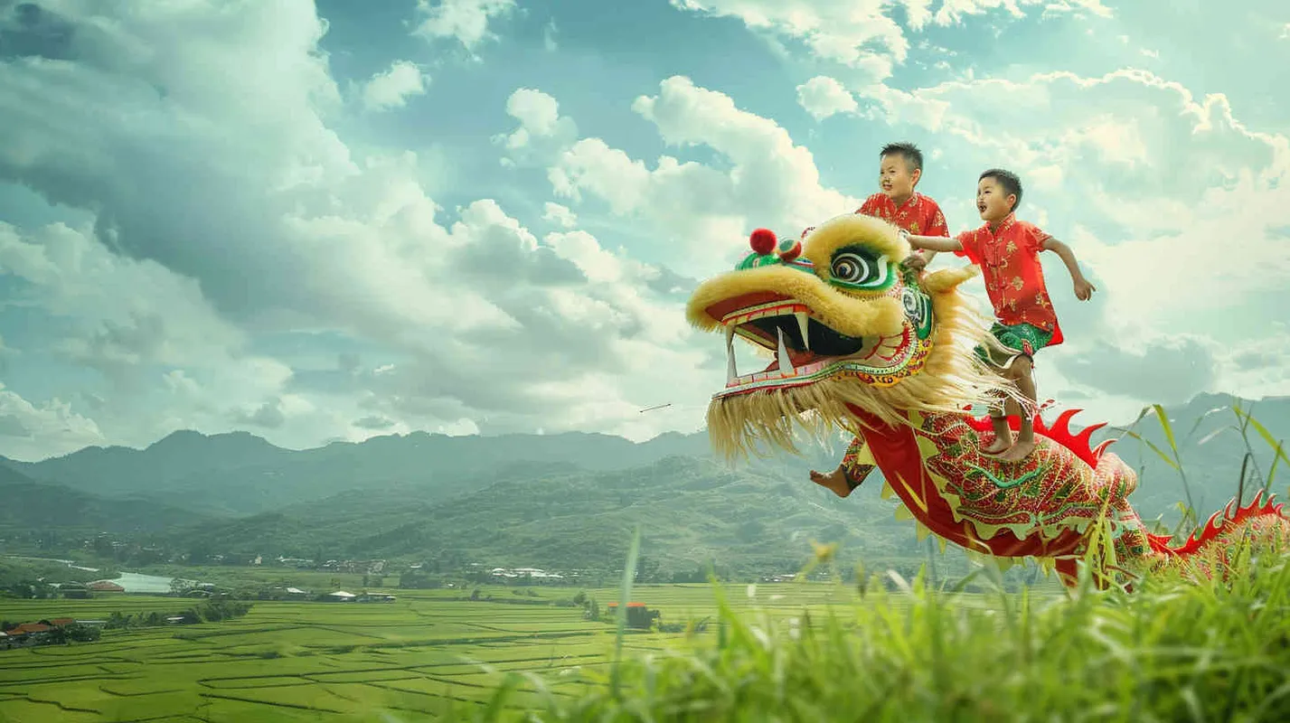 中国传统龙年，几个小孩骑在龙头上，飞跃在绿色得田野上，全景镜头，写实摄影，绿色调 - style4部分
