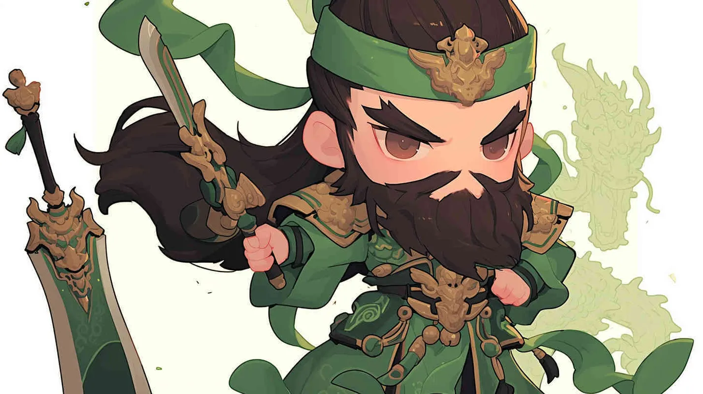 可爱的三国人物关羽手拿青龙刀的卡通形象，IP形象，全身，三视图，关羽的正面图，关羽的正侧面图，关羽的背面图，绿色的头巾，大眼睛，长胡子，绿色披风，更多细节，白色背景，popmart风格，盲盒，赛博朋克 - AI绘画作品展示 | Midjourney中文版生成