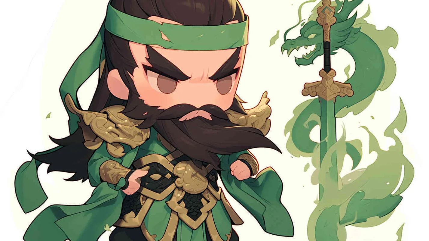 可爱的三国人物关羽手拿青龙刀的卡通形象，IP形象，全身，三视图，关羽的正面图，关羽的正侧面图，关羽的背面图，绿色的头巾，大眼睛，长胡子，绿色披风，更多细节，白色背景，popmart风格，盲盒，赛博朋克 - AI绘画作品展示 | Midjourney中文版生成