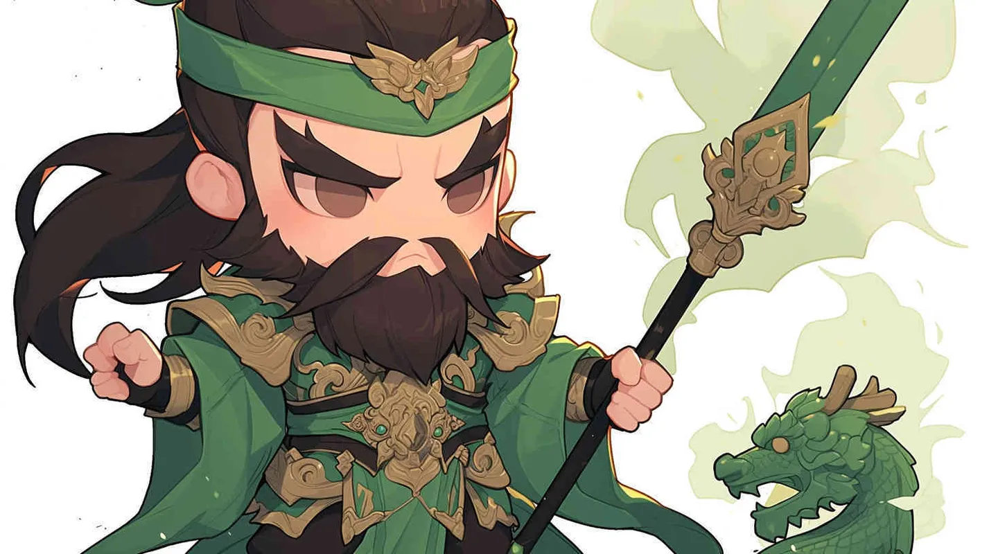 可爱的三国人物关羽手拿青龙刀的卡通形象，IP形象，全身，三视图，关羽的正面图，关羽的正侧面图，关羽的背面图，绿色的头巾，大眼睛，长胡子，绿色披风，更多细节，白色背景，popmart风格，盲盒，赛博朋克 - AI绘画作品展示 | Midjourney中文版生成