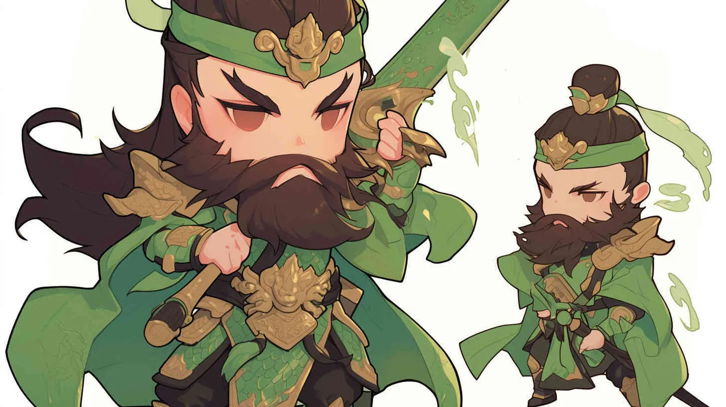 可爱的三国人物关羽手拿青龙刀的卡通形象，IP形象，全身，三视图，关羽的正面图，关羽的正侧面图，关羽的背面图，绿色的头巾，大眼睛，长胡子，绿色披风，更多细节，白色背景，popmart风格，盲盒，赛博朋克 - AI绘画作品展示 | Midjourney中文版生成