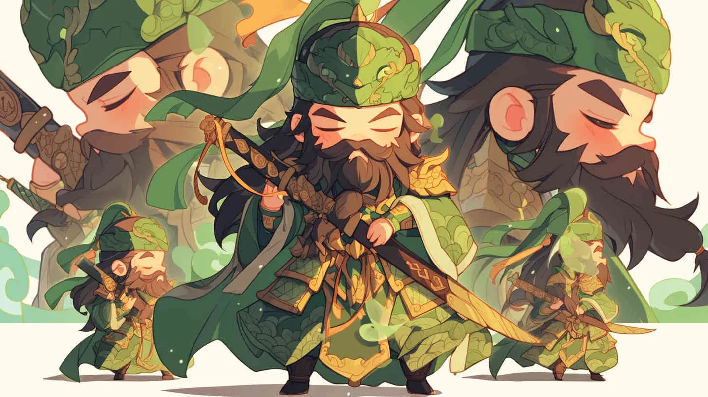 可爱的三国人物关羽手拿青龙刀的卡通形象，IP形象，全身，三视图，关羽的正面图，关羽的正侧面图，关羽的背面图，绿色的头巾，大眼睛，长胡子，绿色披风，更多细节，白色背景，popmart风格，盲盒，赛博朋克  - AI绘画作品展示 | Midjourney中文版生成