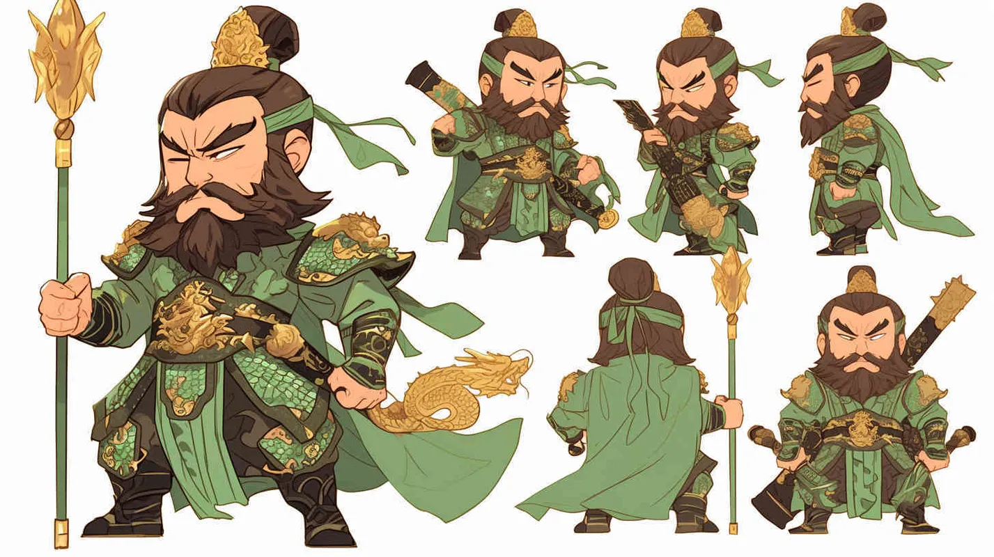 可爱的三国人物关羽手拿青龙刀的卡通形象，IP形象，全身，三视图，关羽的正面图，关羽的正侧面图，关羽的背面图，绿色的头巾，大眼睛，长胡子，绿色披风，更多细节，白色背景，popmart风格，盲盒，赛博朋克  - AI绘画作品展示 | Midjourney中文版生成