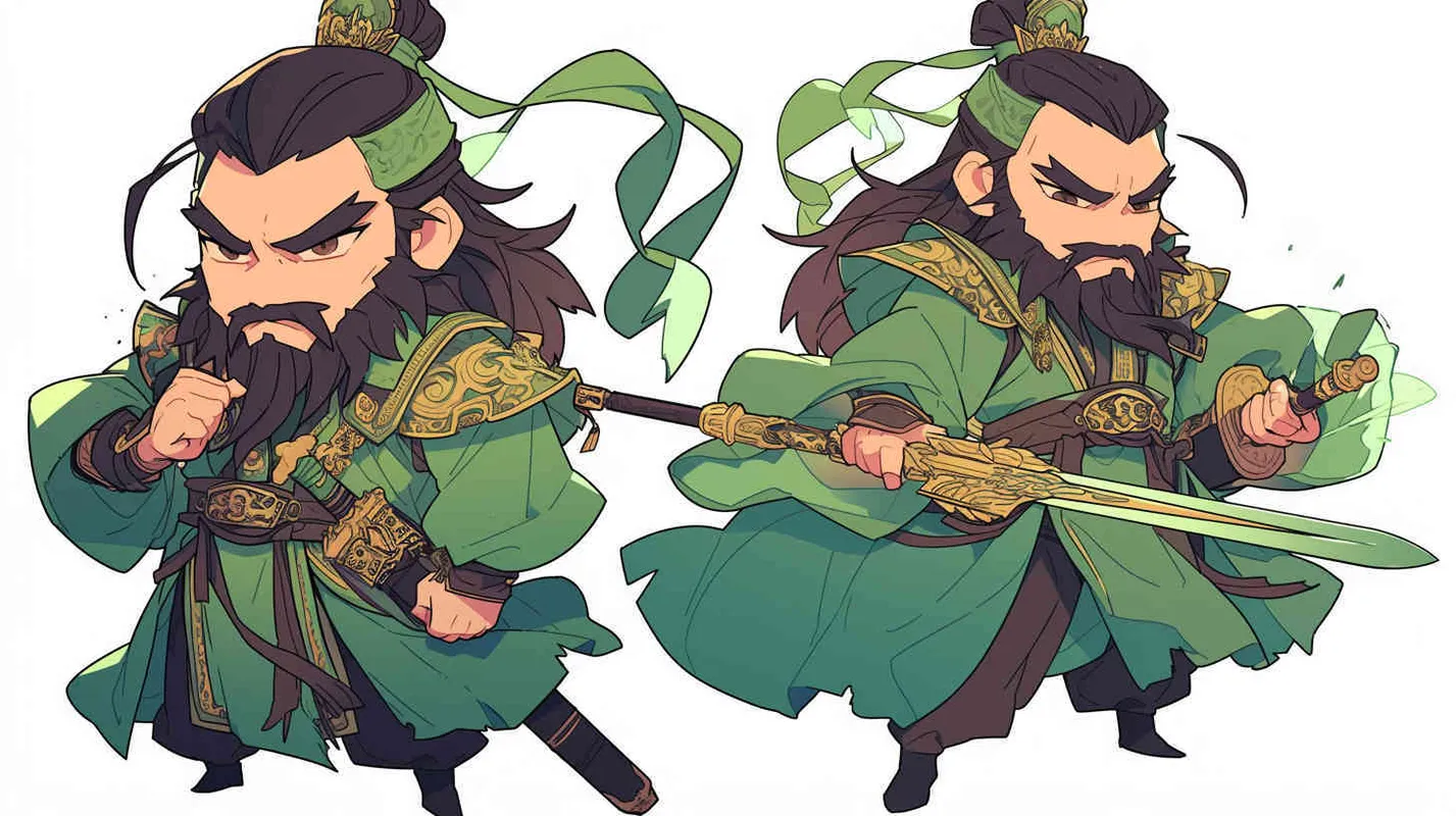 可爱的三国人物关羽手拿青龙刀的卡通形象，IP形象，全身，三视图，关羽的正面图，关羽的正侧面图，关羽的背面图，绿色的头巾，大眼睛，长胡子，绿色披风，更多细节，白色背景，popmart风格，盲盒，赛博朋克  - AI绘画作品展示 | Midjourney中文版生成