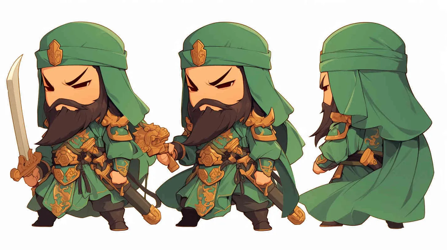 可爱的三国人物关羽手拿青龙刀的卡通形象,IP形象,全身,三视图,关羽的正面图,关羽的正侧面图,关羽的背面图,绿色的头巾,大眼睛,长胡子,绿色披风,更多细节,白色背景,popmart风格,盲盒,赛博朋克  - AI绘画作品展示 | Midjourney中文版生成