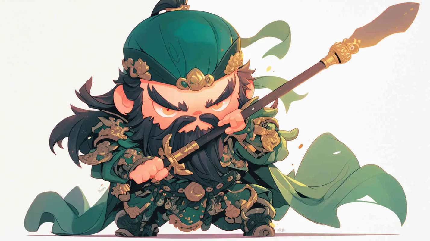 可爱的三国人物关羽手拿青龙刀的卡通形象,IP形象,全身,三视图,关羽的正面图,关羽的正侧面图,关羽的背面图,绿色的头巾,大眼睛,长胡子,绿色披风,更多细节,白色背景,popmart风格,盲盒,赛博朋克  - AI绘画作品展示 | Midjourney中文版生成