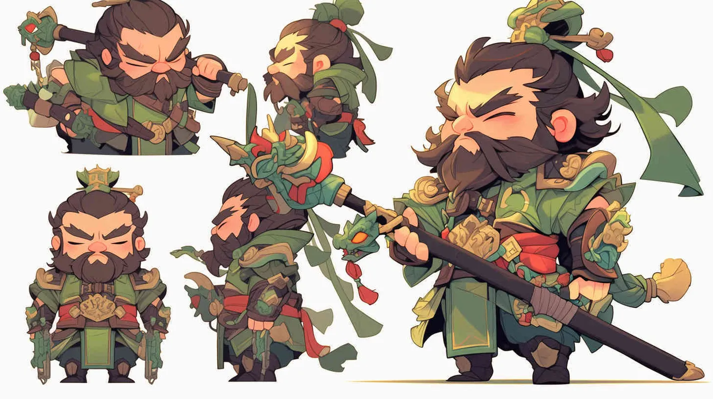 可爱的三国人物关羽手拿青龙刀的卡通形象,IP形象,全身,三视图,关羽的正面图,关羽的正侧面图,关羽的背面图,绿色的头巾,大眼睛,长胡子,绿色披风,更多细节,白色背景,popmart风格,盲盒,赛博朋克  - AI绘画作品展示 | Midjourney中文版生成