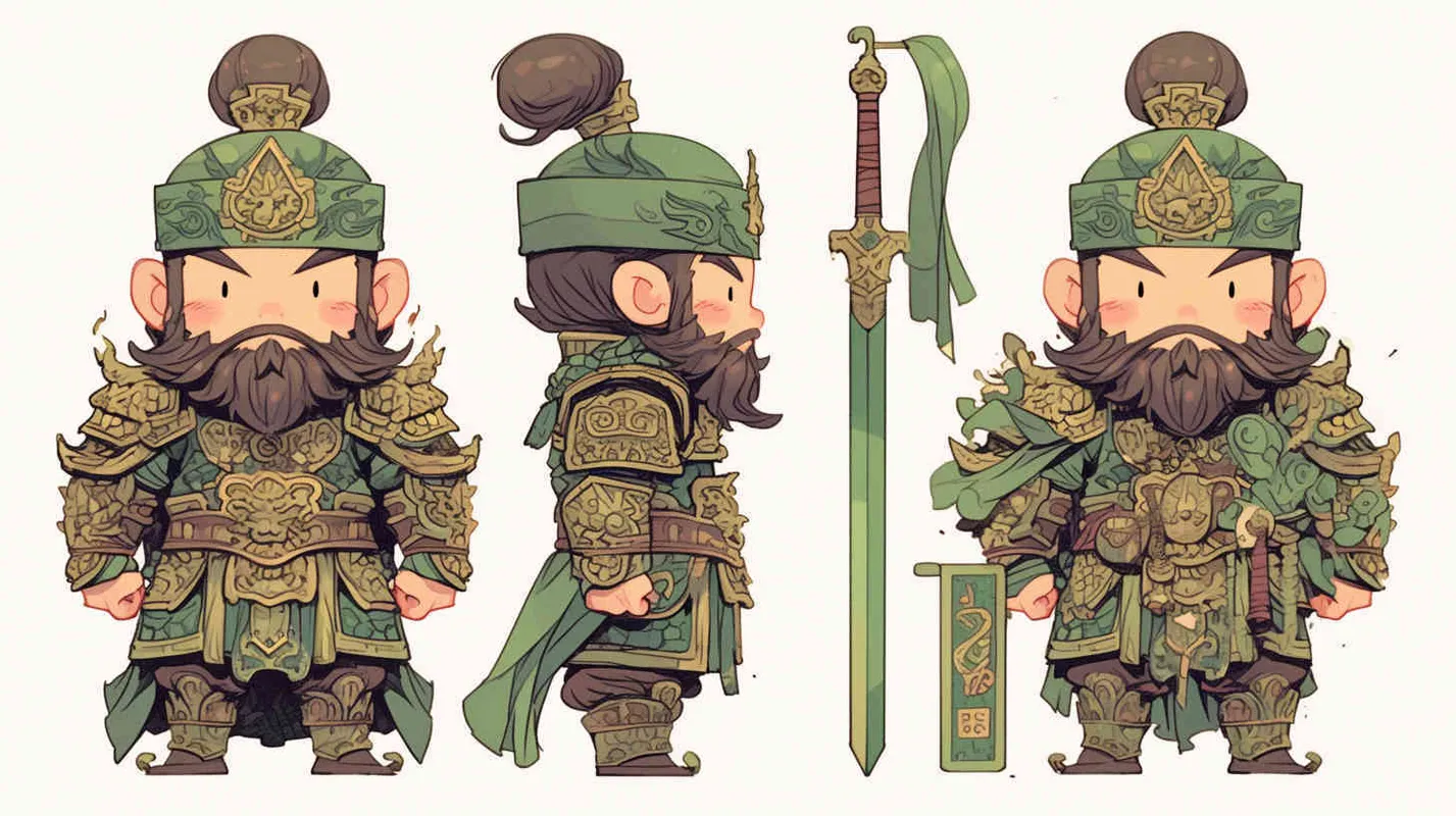 可爱的三国人物关羽手拿青龙刀的卡通形象，IP形象，全身，三视图，关羽的正面图，关羽的正侧面图，关羽的背面图，绿色的头巾，大眼睛，长胡子，绿色披风，更多细节，白色背景，popmart风格，盲盒，赛博朋克  - AI绘画作品展示 | Midjourney中文版生成