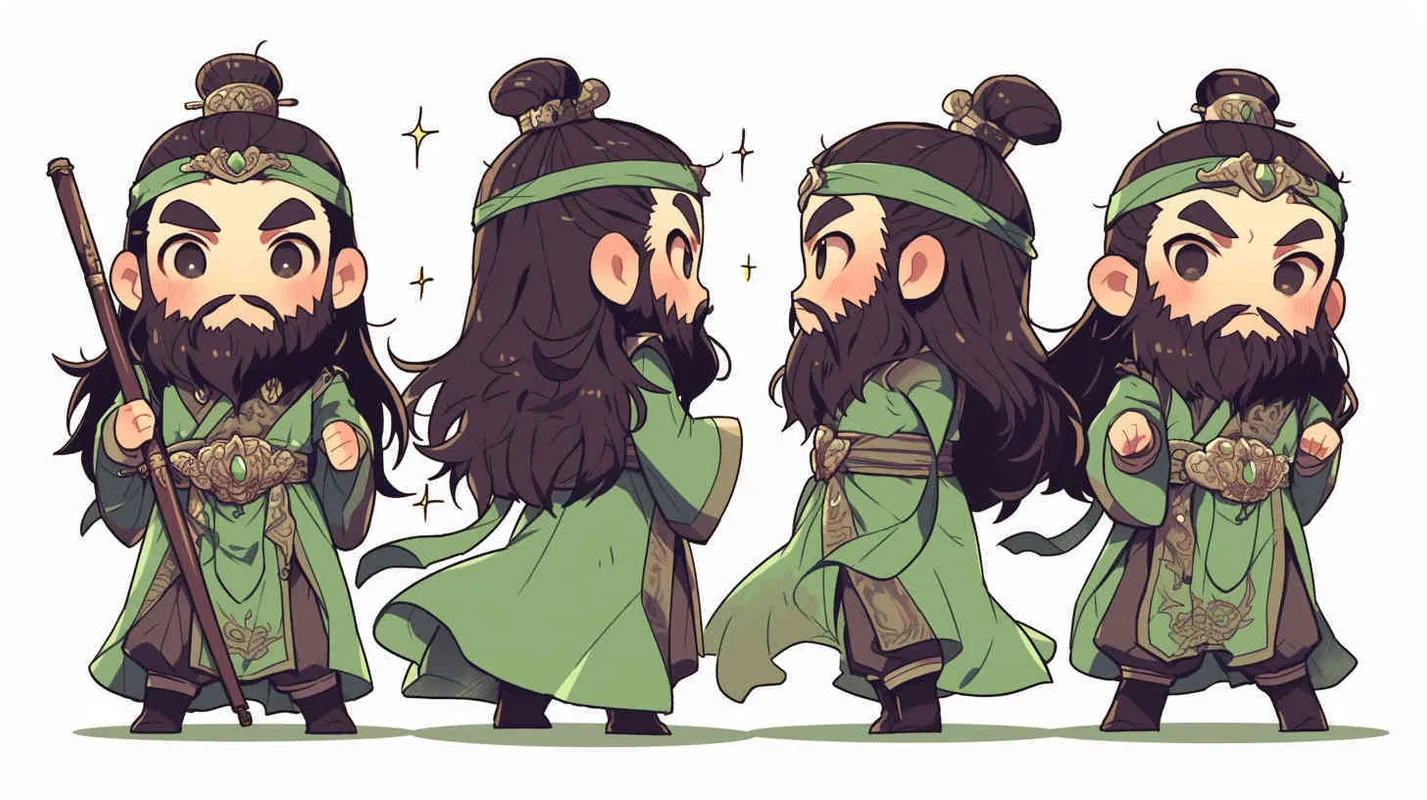 可爱的三国人物关羽手拿青龙刀的卡通形象，IP形象，全身，三视图，关羽的正面图，关羽的正侧面图，关羽的背面图，绿色的头巾，大眼睛，长胡子，绿色披风，更多细节，白色背景，popmart风格，盲盒，赛博朋克  - AI绘画作品展示 | Midjourney中文版生成