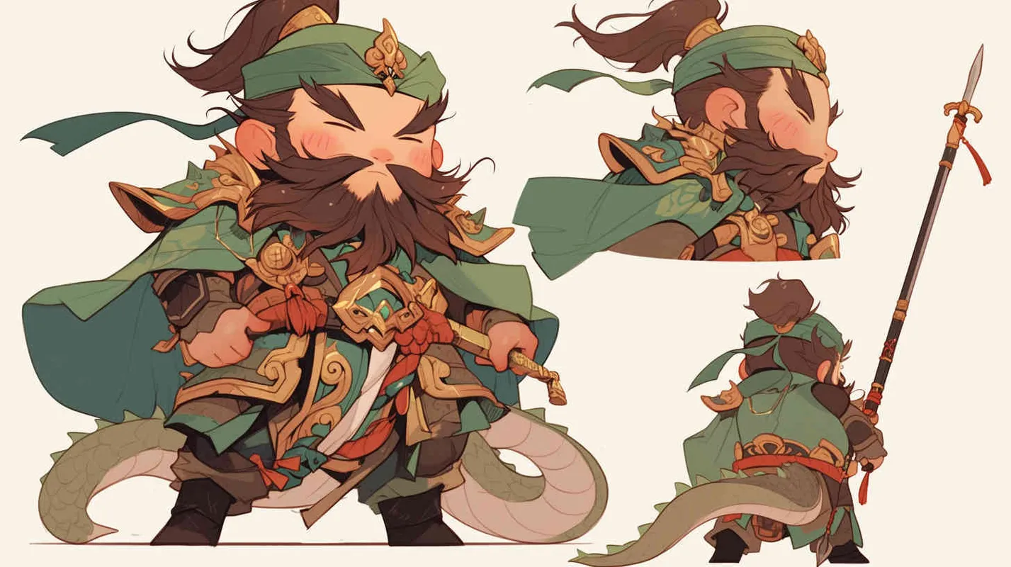 可爱的三国人物关羽手拿青龙刀的卡通形象，IP形象，全身，三视图，关羽的正面图，关羽的正侧面图，关羽的背面图，绿色的头巾，大眼睛，长胡子，绿色披风，更多细节，白色背景，popmart风格，盲盒，赛博朋克  - AI绘画作品展示 | Midjourney中文版生成