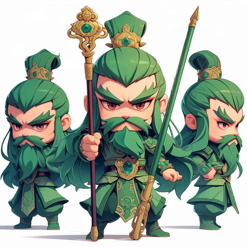 可爱的三国人物关羽手拿青龙刀的卡通形象，IP形象，全身，三视图，关羽的正面图，关羽的正侧面图，关羽的背面图，绿色的头巾，大眼睛，长胡子，绿色披风，更多细节，白色背景，popmart风格，盲盒，赛博朋克 - AI绘画作品展示 | Midjourney中文版生成