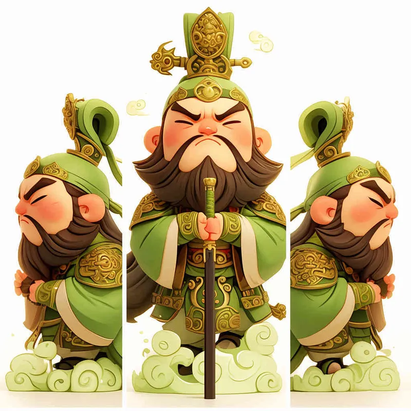 可爱的三国人物关羽手拿青龙刀的卡通形象，IP形象，全身，三视图，关羽的正面图，关羽的正侧面图，关羽的背面图，绿色的头巾，大眼睛，长胡子，绿色披风，更多细节，白色背景，popmart风格，盲盒，赛博朋克 - AI绘画作品展示 | Midjourney中文版生成