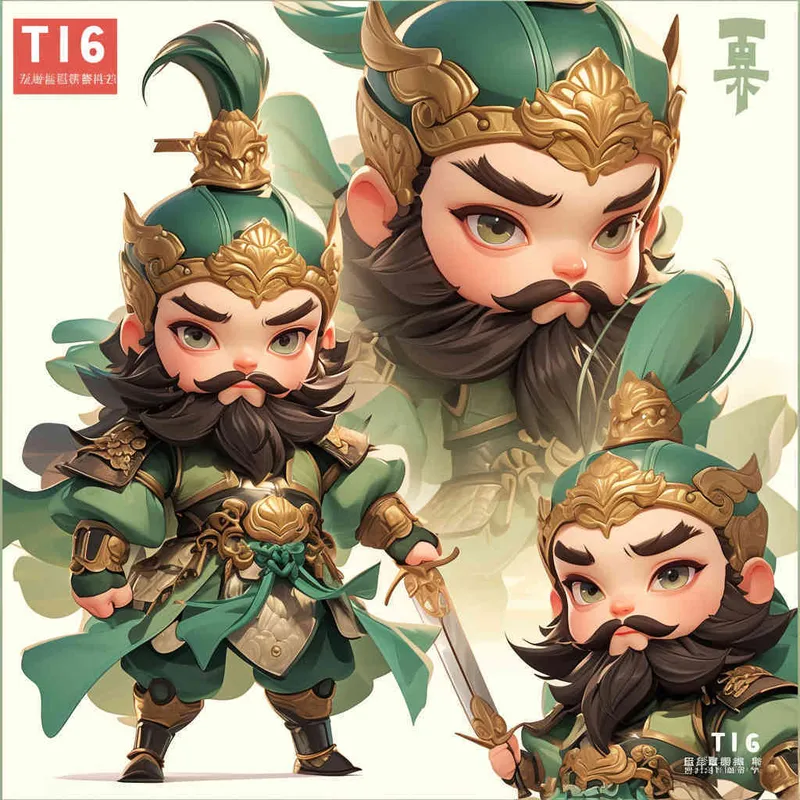 可爱的三国人物关羽手拿青龙刀的卡通形象，IP形象，全身，三视图，关羽的正面图，关羽的正侧面图，关羽的背面图，绿色的头巾，大眼睛，长胡子，绿色披风，更多细节，白色背景，popmart风格，盲盒，赛博朋克 - style4部分