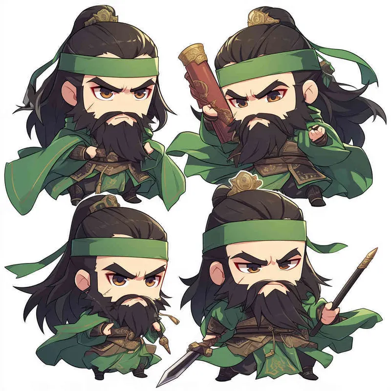 可爱的三国人物关羽手拿青龙刀的卡通形象，IP形象，全身，三视图，关羽的正面图，关羽的正侧面图，关羽的背面图，绿色的头巾，大眼睛，长胡子，绿色披风，更多细节，白色背景，popmart风格，盲盒，赛博朋克 - style3部分
