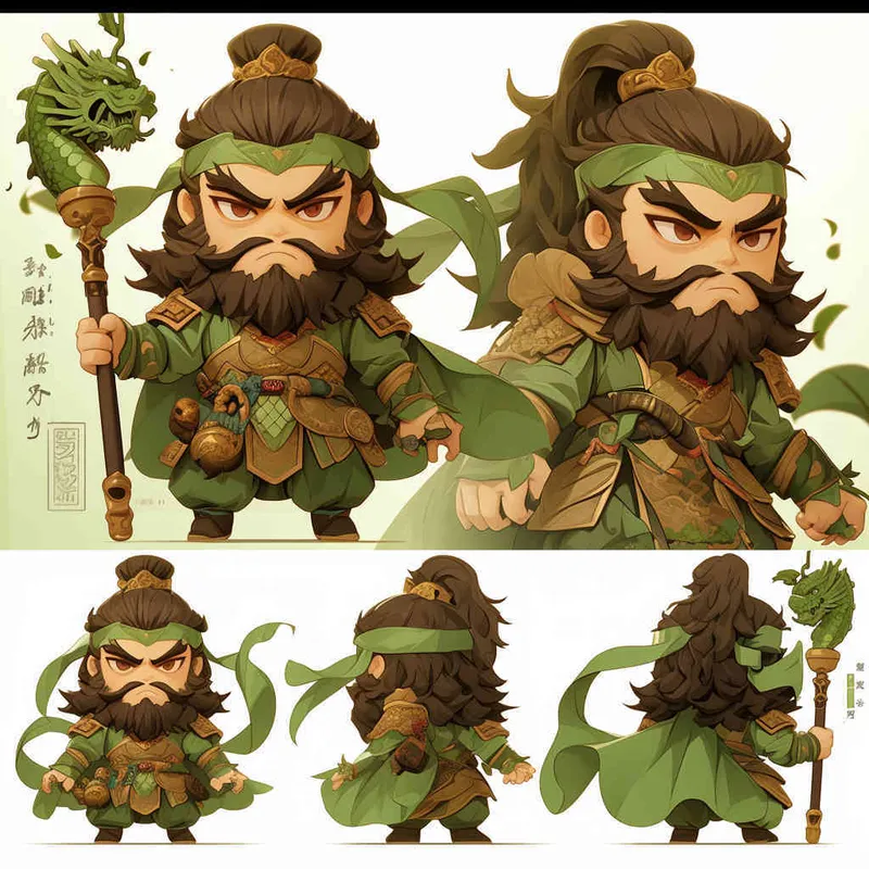 可爱的三国人物关羽手拿青龙刀的卡通形象，IP形象，全身，三视图，关羽的正面图，关羽的正侧面图，绿色的头巾，大眼睛，长胡子，绿色披风，更多细节，白色背景，popmart风格，盲盒，赛博朋克 - style4部分