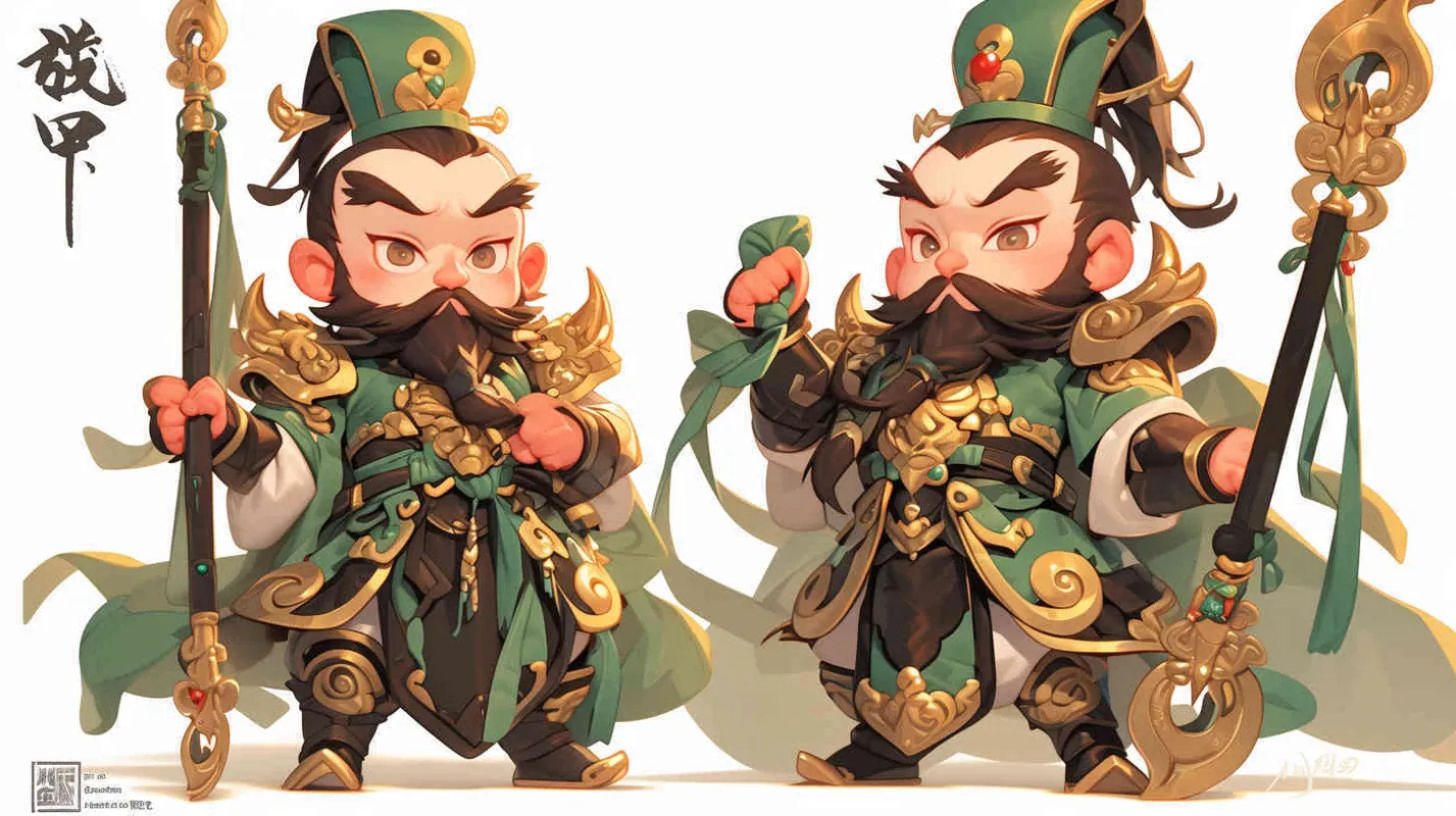 Cute cartoon image of the Three Kingdoms character Guan Yu holding the Green Dragon Crescent Blade, IP image, full body, three views, front view of Guan Yu, side view of Guan Yu, green headband, big eyes, long beard, green cloak, more details, white background, Popmart style, blind box, cyberpunk. Full Length Shot(FLS),Front view --ar 1:1 --niji 6 (fast) - AI绘画作品展示 | Midjourney中文版生成