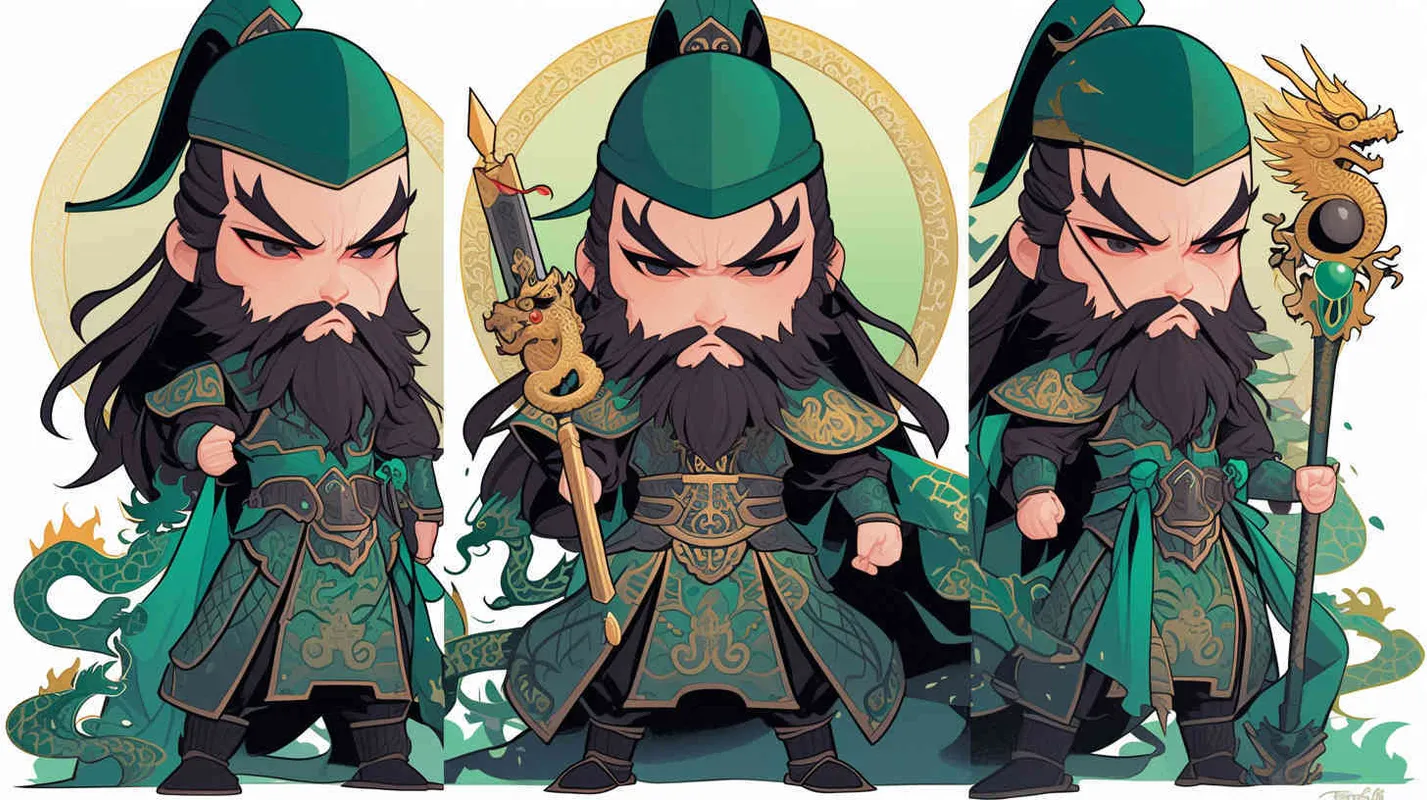Cute cartoon image of the Three Kingdoms character Guan Yu holding the Green Dragon Crescent Blade, IP image, full body, three views, front view of Guan Yu, side view of Guan Yu, green headband, big eyes, long beard, green cloak, more details, white background, Popmart style, blind box, cyberpunk. Full Length Shot(FLS),Front view --ar 1:1 --niji 6 (fast) - AI绘画作品展示 | Midjourney中文版生成
