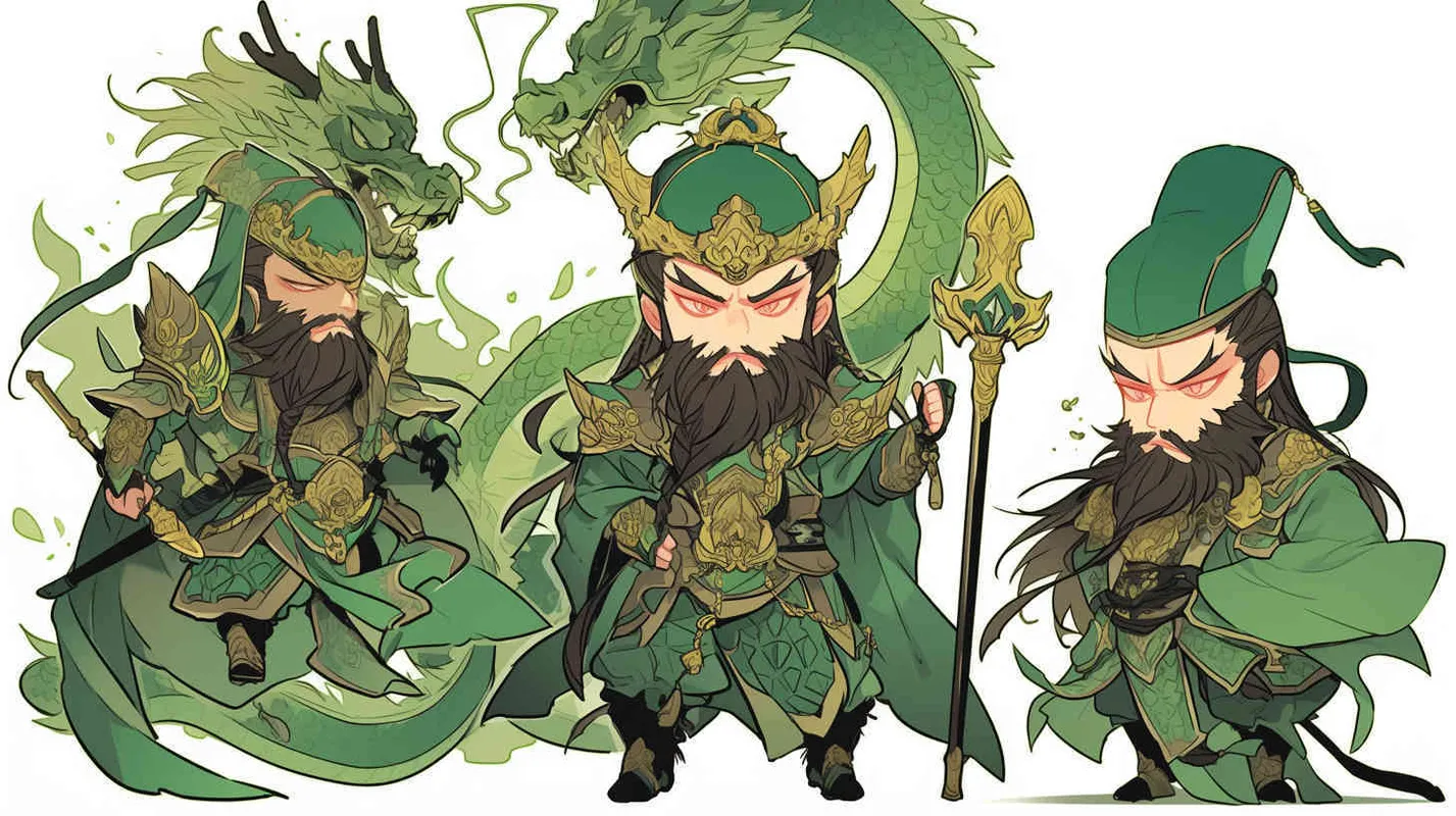Cute cartoon image of the Three Kingdoms character Guan Yu holding the Green Dragon Crescent Blade, IP image, full body, three views, front view of Guan Yu, side view of Guan Yu, green headband, big eyes, long beard, green cloak, more details, white background, Popmart style, blind box, cyberpunk. Full Length Shot(FLS),Front view --ar 1:1 --niji 6 (fast) - AI绘画作品展示 | Midjourney中文版生成