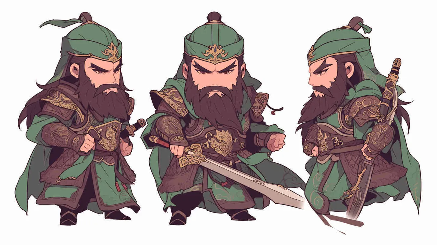 Cute cartoon image of the Three Kingdoms character Guan Yu holding the Green Dragon Crescent Blade, IP image, full body, three views, front view of Guan Yu, side view of Guan Yu, green headband, big eyes, long beard, green cloak, more details, white background, Popmart style, blind box, cyberpunk. Full Length Shot(FLS),Front view --ar 1:1 --niji 6 (fast) - AI绘画作品展示 | Midjourney中文版生成