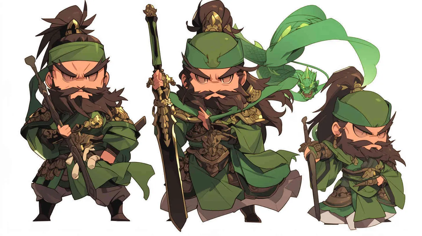 Cute cartoon image of the Three Kingdoms character Guan Yu holding the Green Dragon Crescent Blade, IP image, full body, three views, front view of Guan Yu, side view of Guan Yu, green headband, big eyes, long beard, green cloak, more details, white background, Popmart style, blind box, cyberpunk. Full Length Shot(FLS),Front view --ar 1:1 --niji 6 (fast) - style1部分