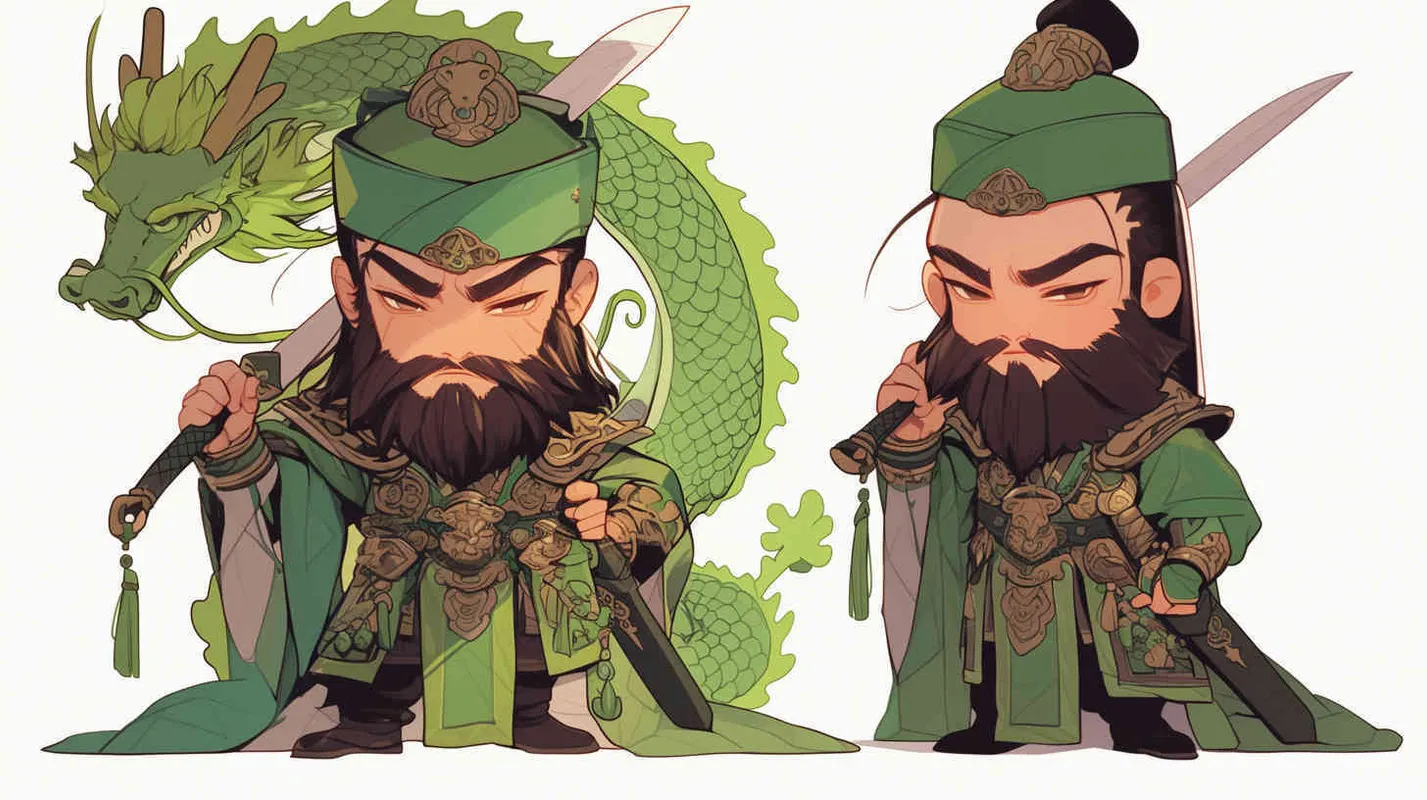 Cute cartoon image of the Three Kingdoms character Guan Yu holding the Green Dragon Crescent Blade, IP image, full body, three views, front view of Guan Yu, side view of Guan Yu, green headband, big eyes, long beard, green cloak, more details, white background, Popmart style, blind box, cyberpunk. Full Length Shot(FLS),Front view --ar 1:1 --niji 6 (fast) - style2部分